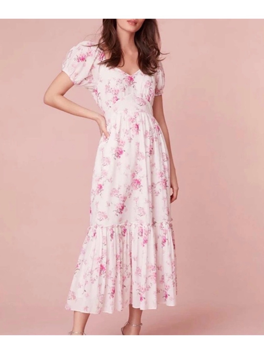 Love Shack Fancy Floral Puff-Sleeve Maxi Dress in Light Pink